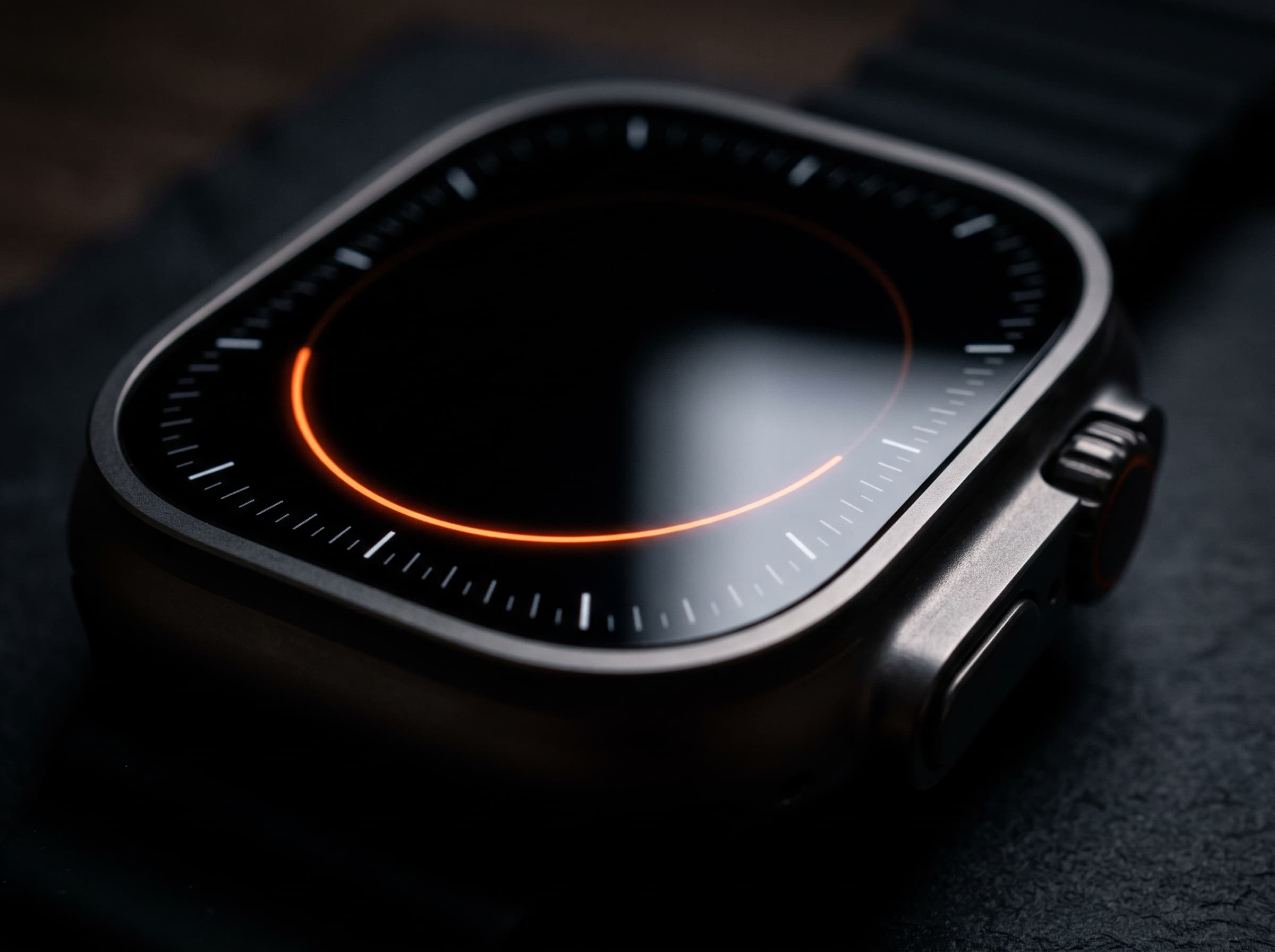 Low angle macro across the domed sapphire crystal and its glowing minute track