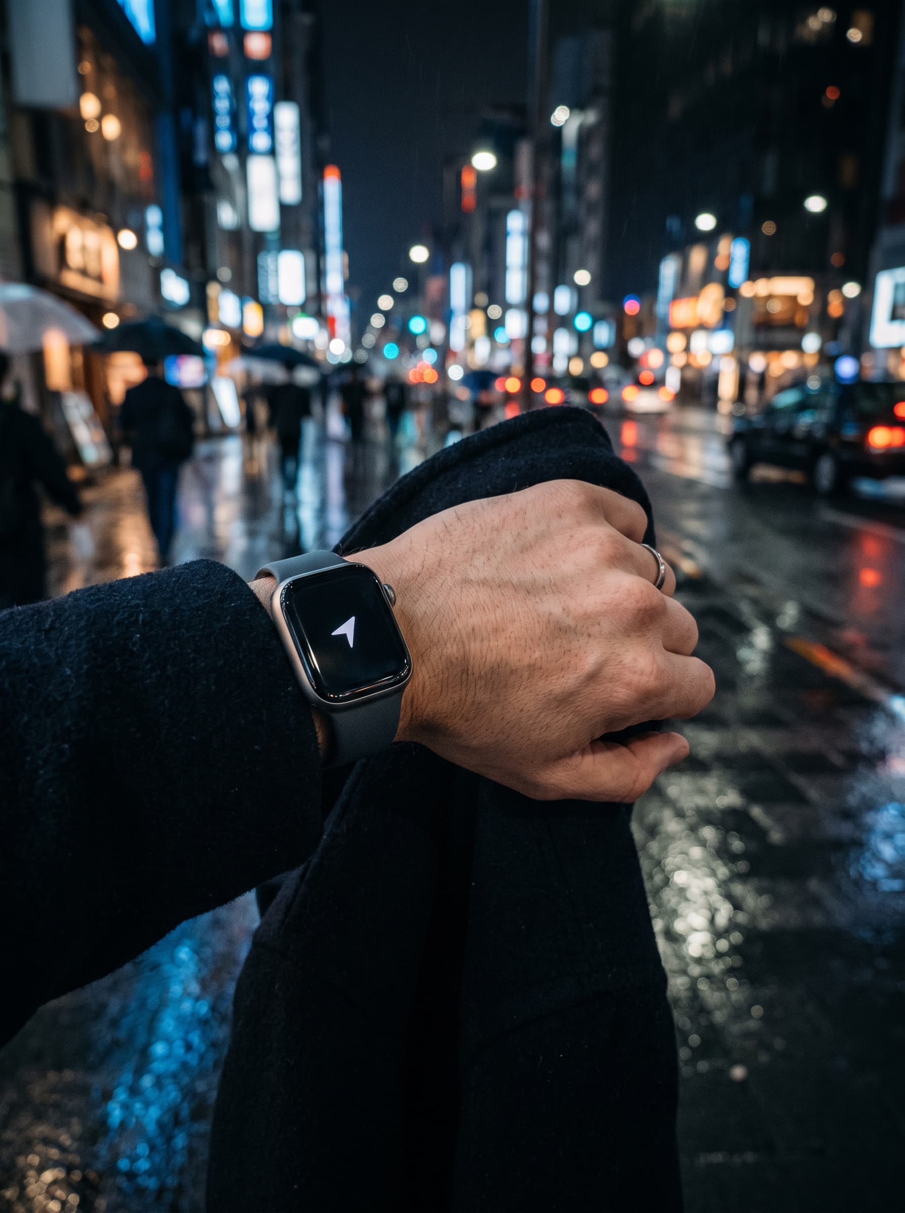 Epoch One showing a navigation arrow on a rainy city street at night