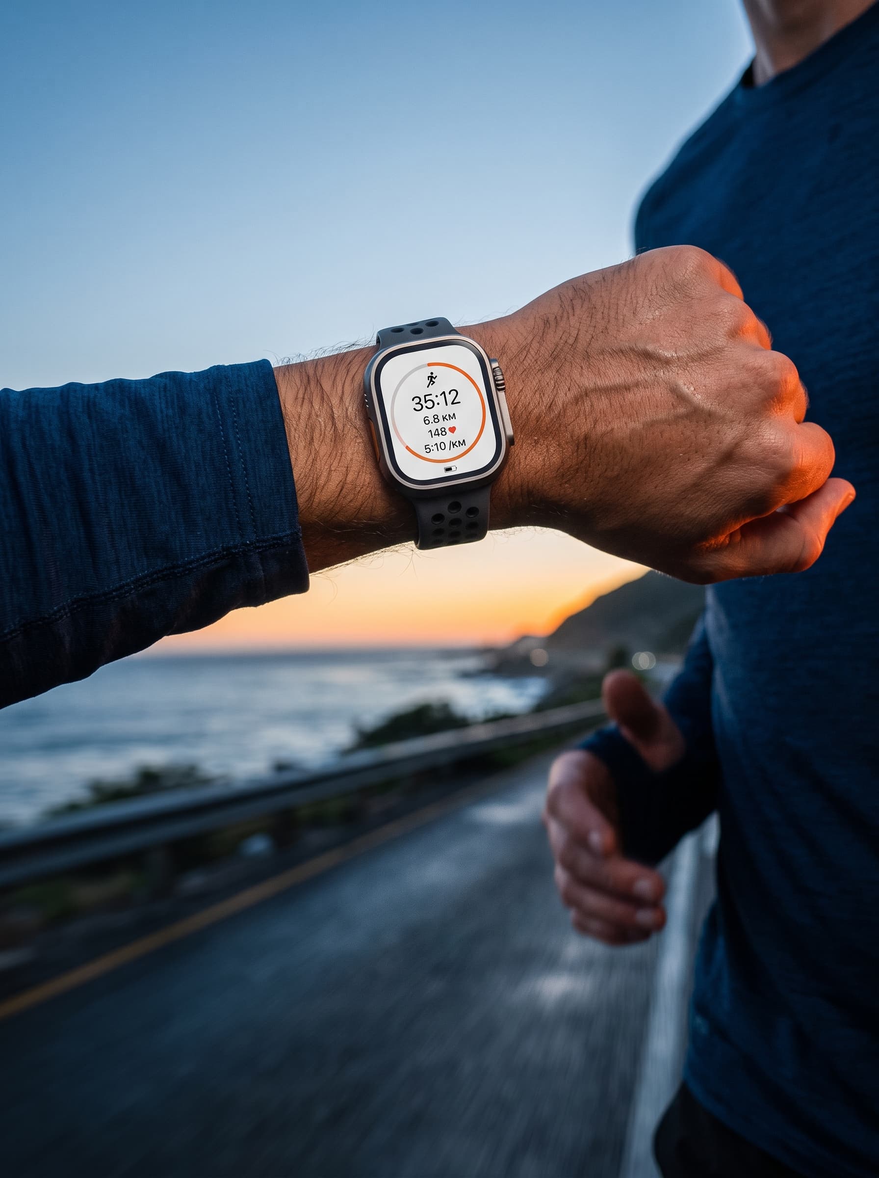 A runner checks Epoch One on a coastal road at dawn