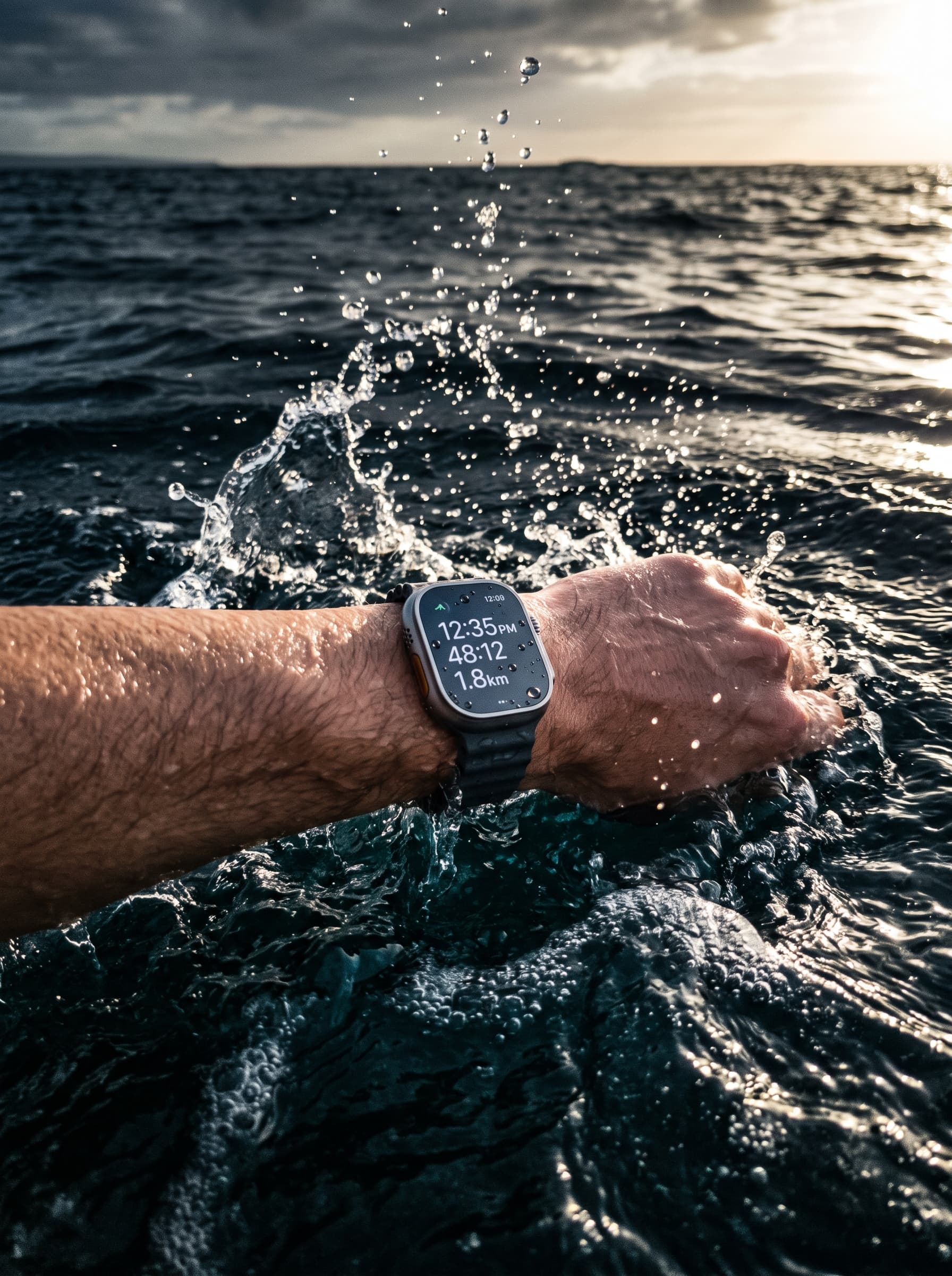 A swimmer's wrist breaking the surface of dark water, wearing Epoch One